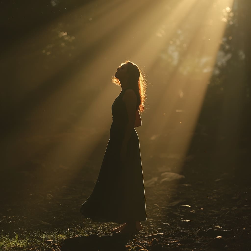 Frau steht im Wald, Sonne beleuchtet sie leicht