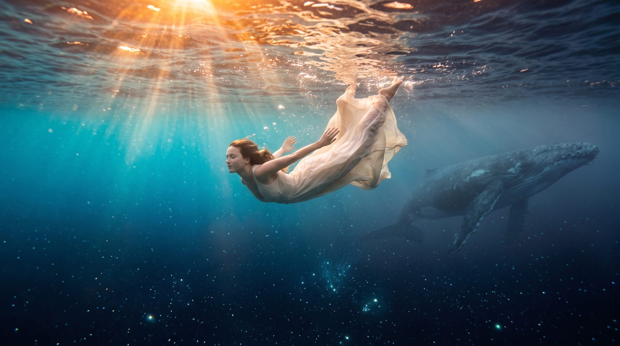 Eine Frau im hellen Kleid taucht durch sonnendurchflutetes Wasser in die Tiefe, daneben zieht ein Wal