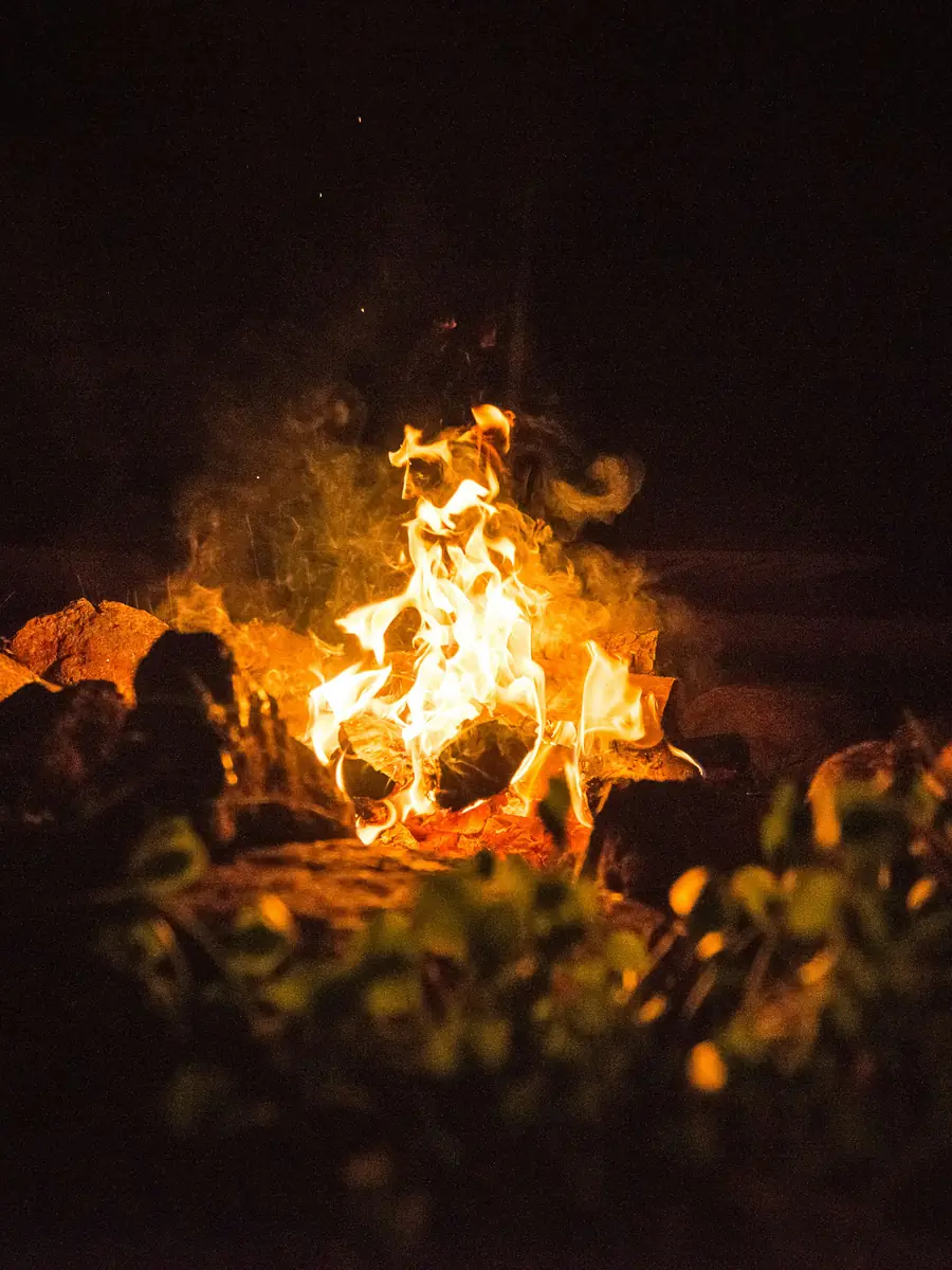 Offene Feuerstelle mit hoher Flamme in der Dunkelheit, Sinnbild für die Earth Guardian Feuerstelle